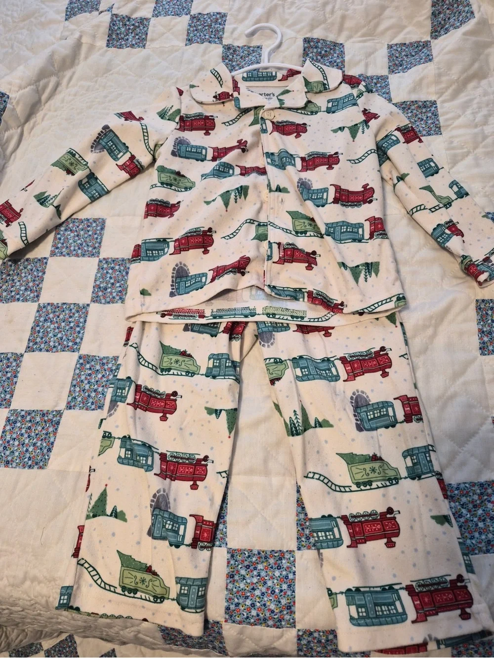 Children's Holiday Train Print Pajama Set - Cream with Red, Blue & Green